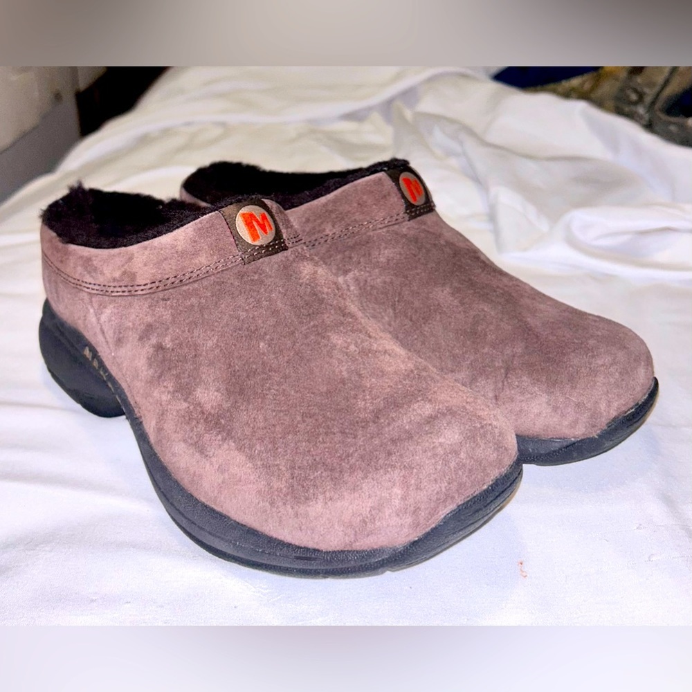 Merrell Shoes Womens SZ 7 Mules Slides Brown Suede Sheepskin Chunky Primo Chill